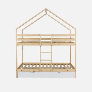 Lit cabane superposé 90x190 pin naturel avec tiroir lit enfant