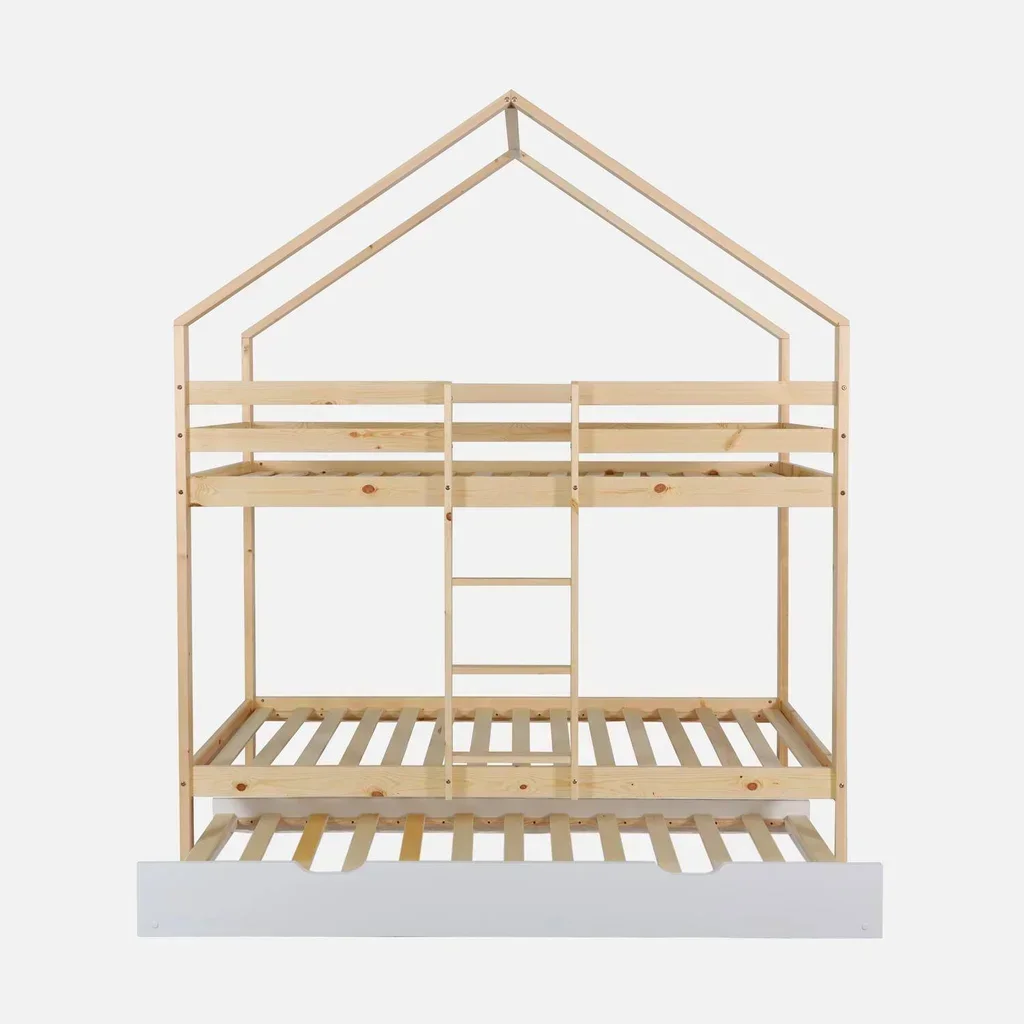 Lit cabane superposé 90x190 pin naturel avec tiroir lit enfant