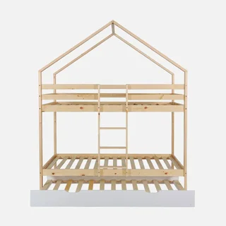 Lit cabane superposé 90x190 pin naturel avec tiroir lit enfant