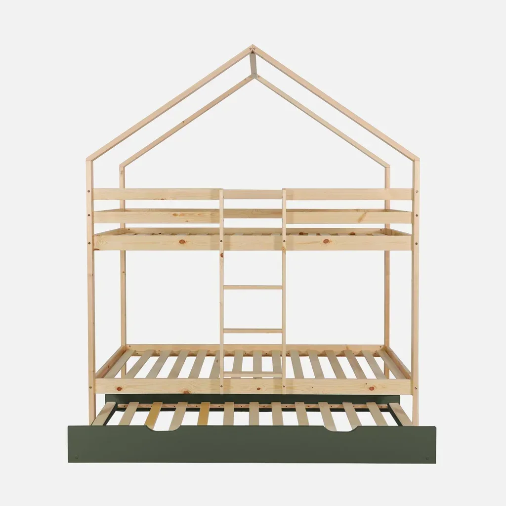 Lit superposé cabane 90x190 pin naturel avec tiroir lit