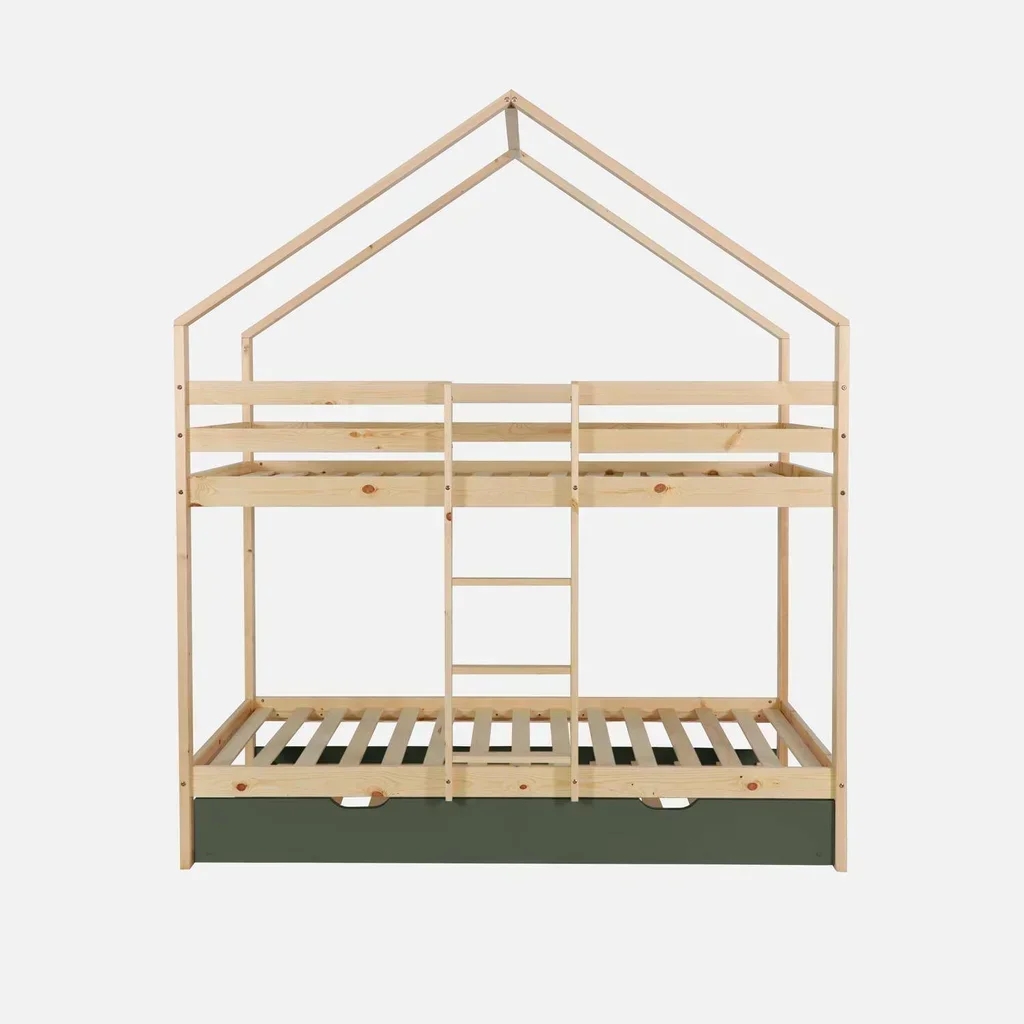 Lit superposé cabane 90x190 pin naturel avec tiroir lit