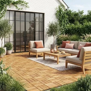 Set of 11 interlocking acacia wood deck tiles 30x30cm outdoor patio flooring
