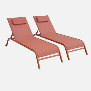 Lot 2 bains de soleil métalliques inclinables matelas roues terrasse jardin