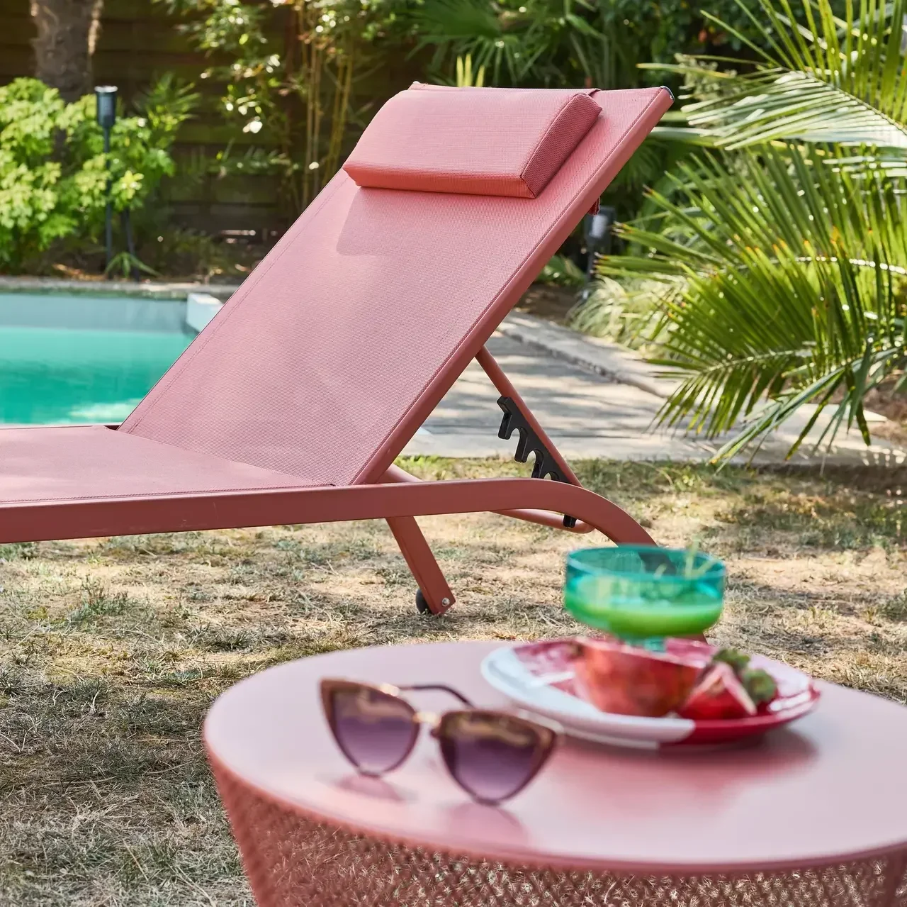 Lot 2 bains de soleil métalliques inclinables matelas roues terrasse jardin