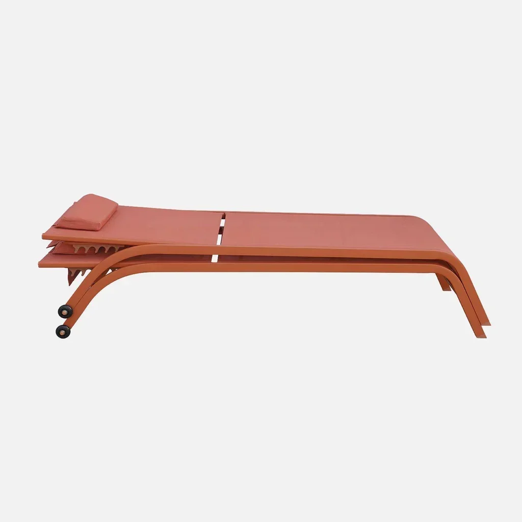 Lot 2 bains de soleil métalliques inclinables matelas roues terrasse jardin