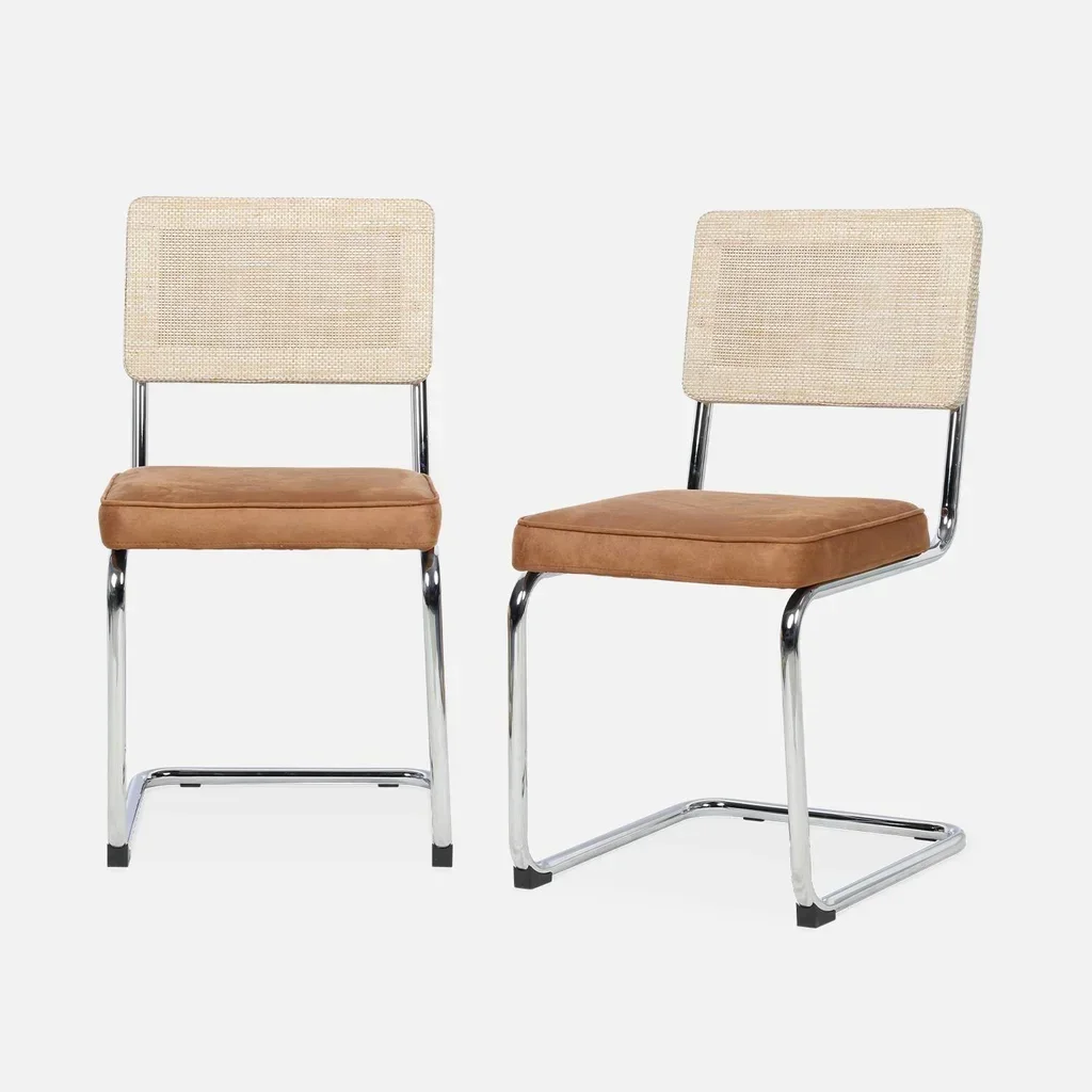 2 Vintage Rattan Freischwinger Stühle Stoff Stahlgestell