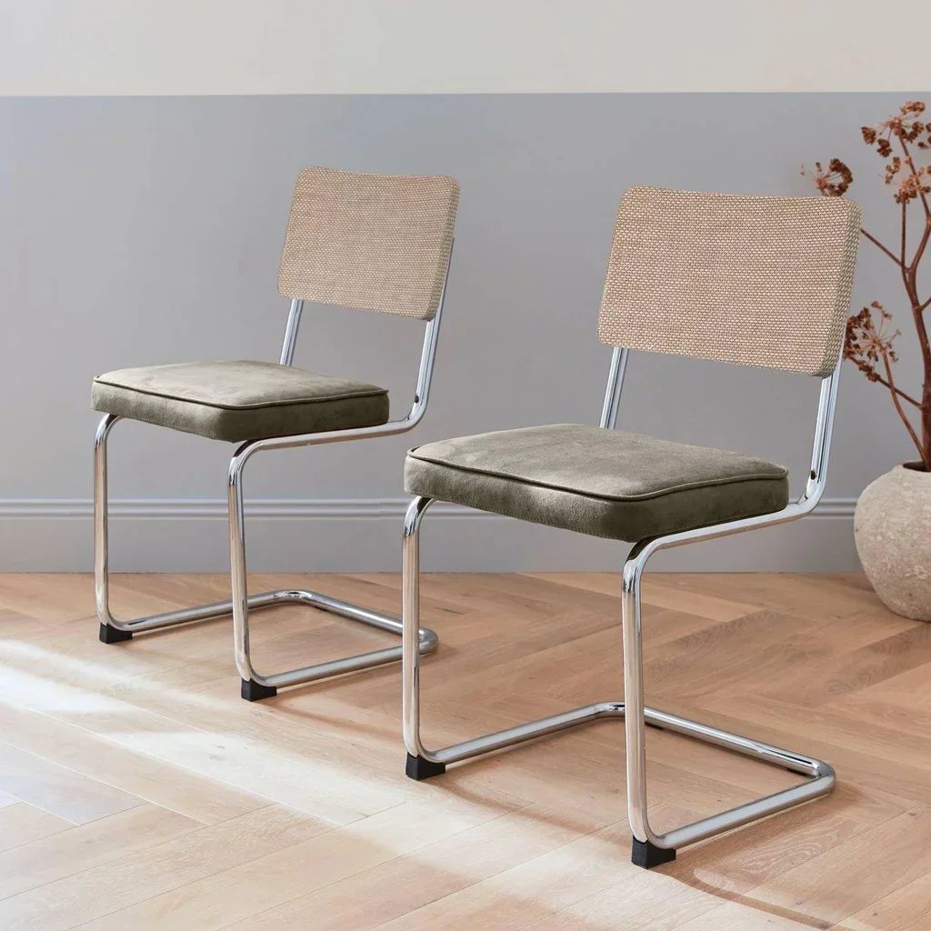 Vintage Freischwinger Rattan Stühle Grauer Stoff Retro Design 2er Set