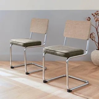 Vintage Freischwinger Rattan Stühle Grauer Stoff Retro Design 2er Set