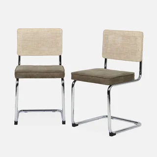 Vintage Freischwinger Rattan Stühle Grauer Stoff Retro Design 2er Set