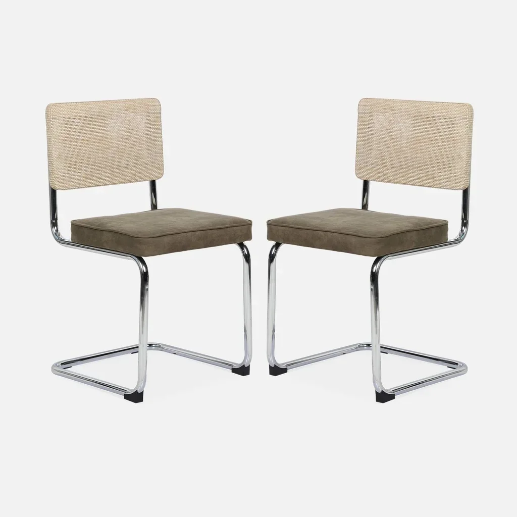 Vintage Freischwinger Rattan Stühle Grauer Stoff Retro Design 2er Set