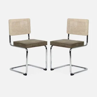 Vintage Freischwinger Rattan Stühle Grauer Stoff Retro Design 2er Set