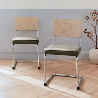 Vintage Freischwinger Rattan Stühle Grauer Stoff Retro Design 2er Set