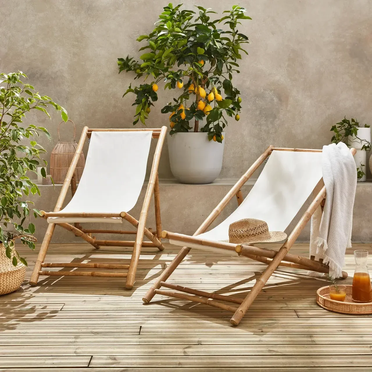 Lot 2 chaises chiliennes bambou pliables multipositions jardin extérieur