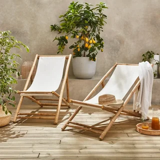 Lot 2 chaises chiliennes bambou pliables multipositions jardin extérieur
