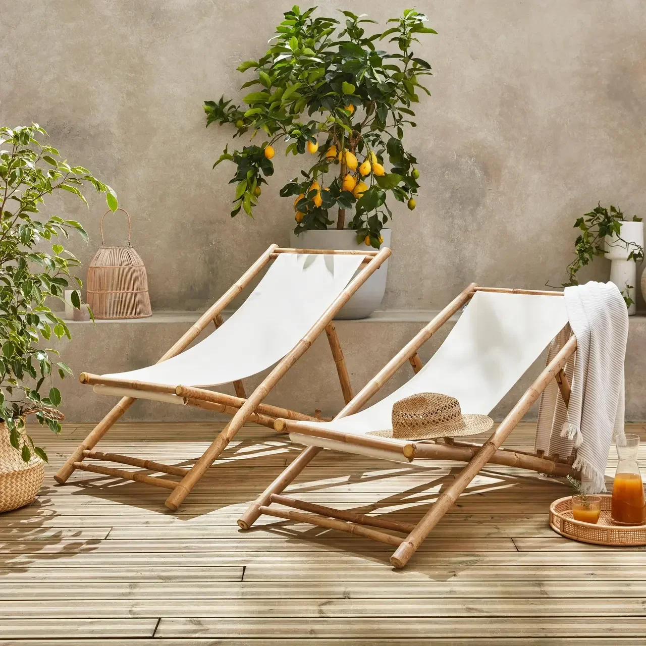 Lot 2 chaises chiliennes bambou pliables multipositions jardin extérieur