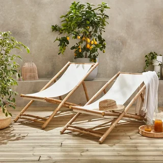 Lot 2 chaises chiliennes bambou pliables multipositions jardin extérieur
