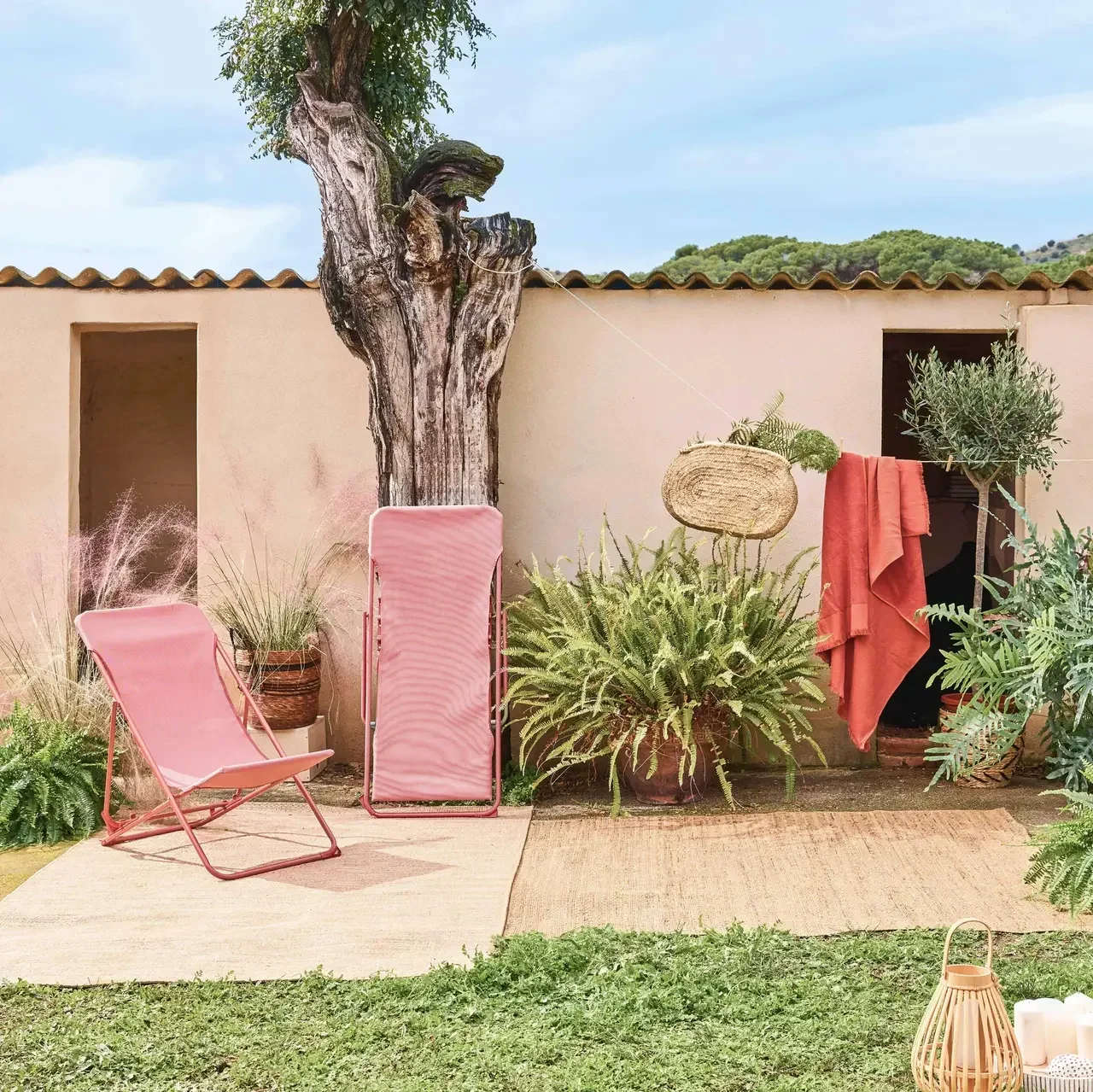 Lot 2 chaises chiliennes pliantes acier textilène terracotta jardin