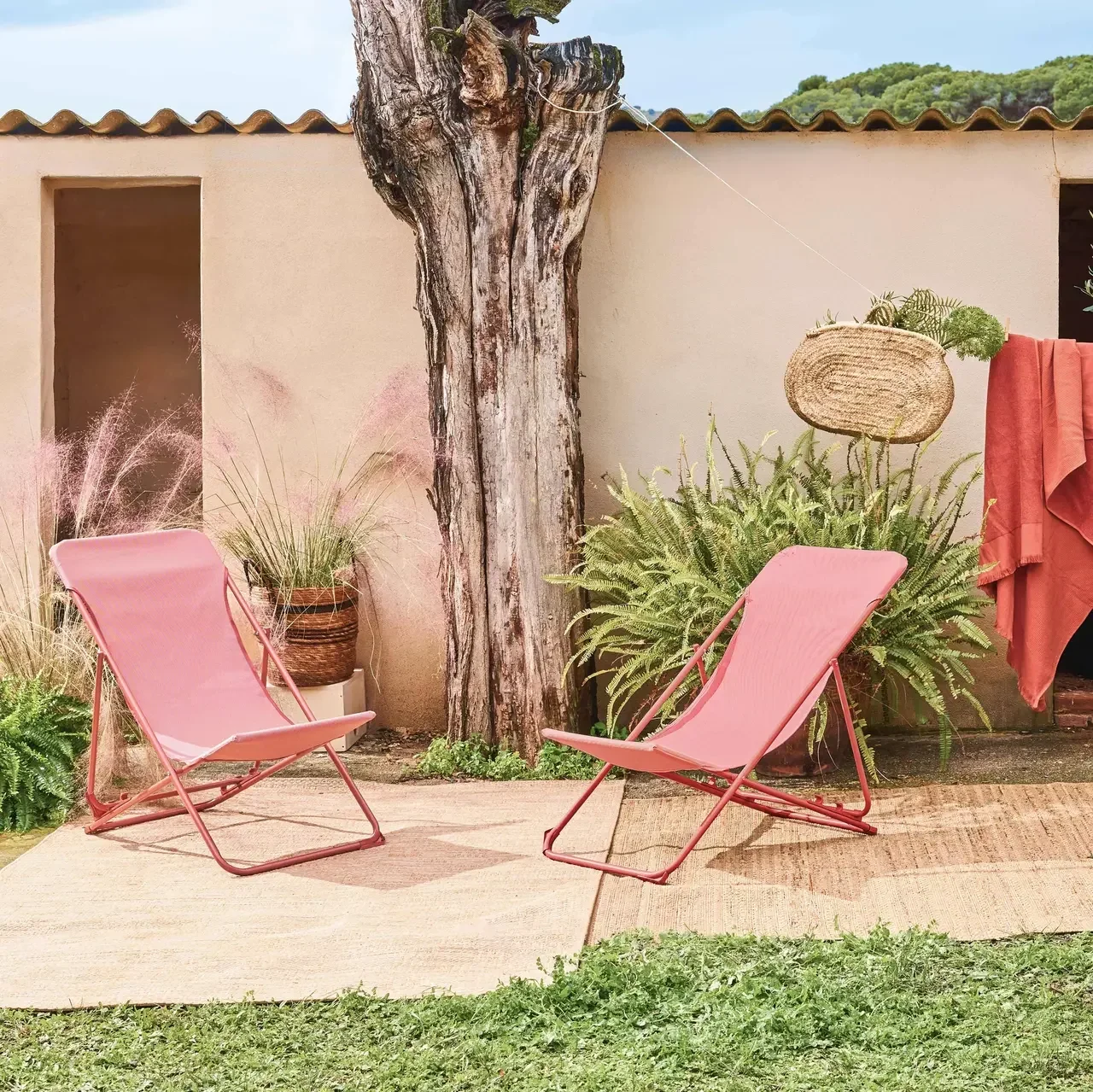 Lot 2 chaises chiliennes pliantes acier textilène terracotta jardin