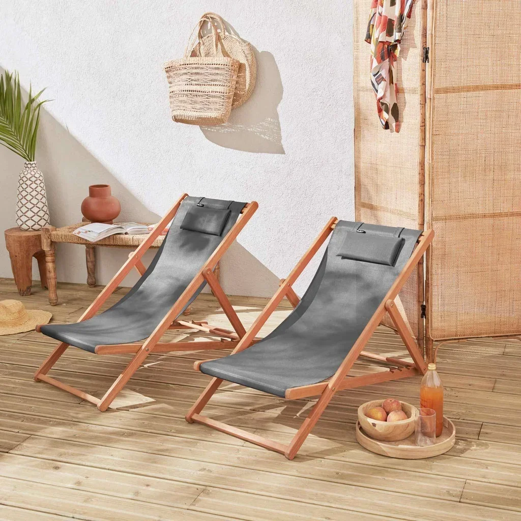 Lot de 2 chaises chiliennes pliantes en eucalyptus réglables avec repose-tête