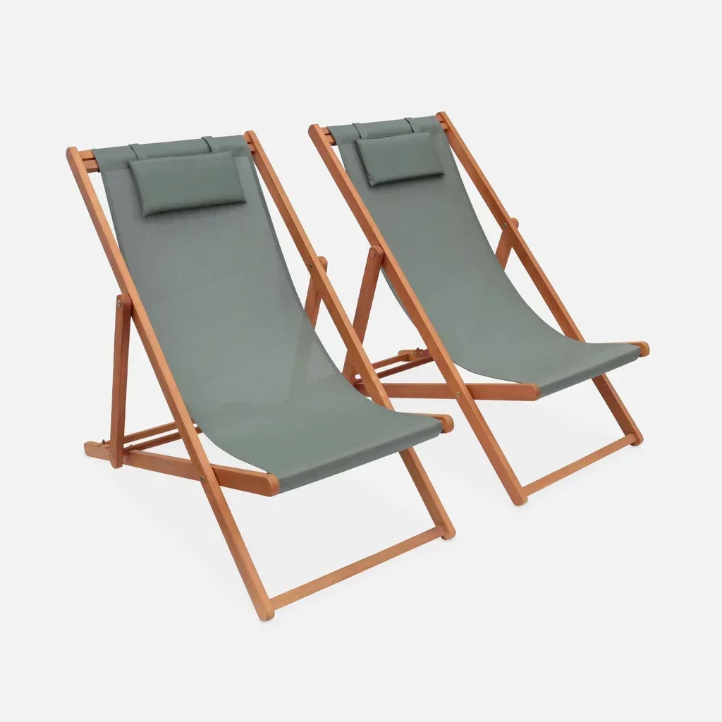 Lot de 2 chaises chiliennes pliantes en eucalyptus réglables Creus avec repose-tête et textilène