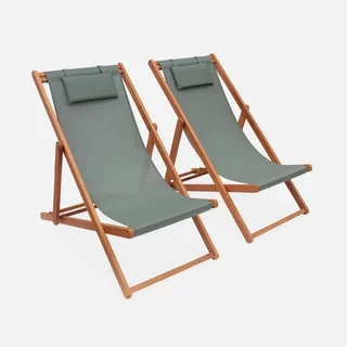 Lot de 2 chaises chiliennes pliantes en eucalyptus réglables Creus avec repose-tête et textilène