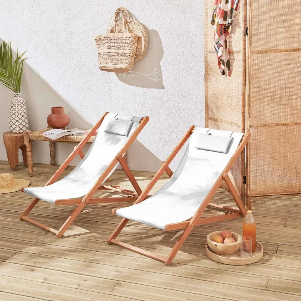 Lot de 2 chaises chiliennes pliantes en eucalyptus réglables avec repose-tête