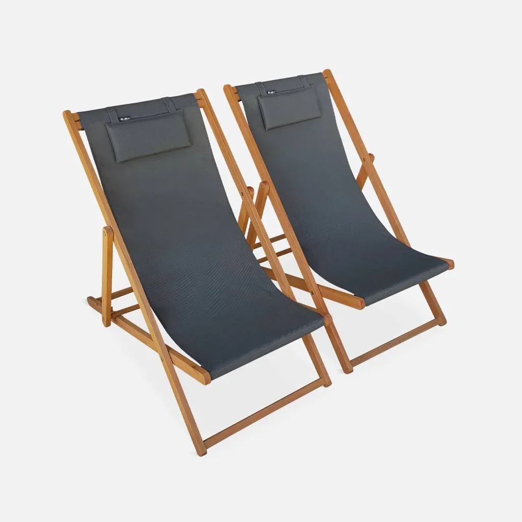 Lot de 2 chaises chiliennes pliantes en eucalyptus réglables avec repose-tête