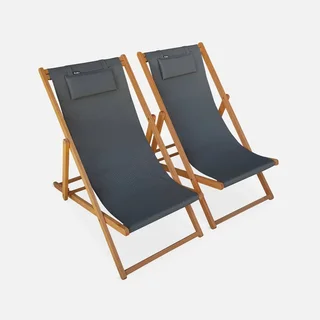 Lot de 2 chaises chiliennes pliantes en eucalyptus réglables avec repose-tête