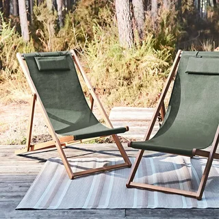 Lot de 2 chaises chiliennes pliantes en eucalyptus réglables Creus avec repose-tête et textilène