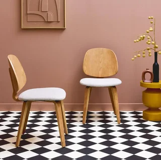 Lot 2 chaises design bois courbé bouclette texturée confort