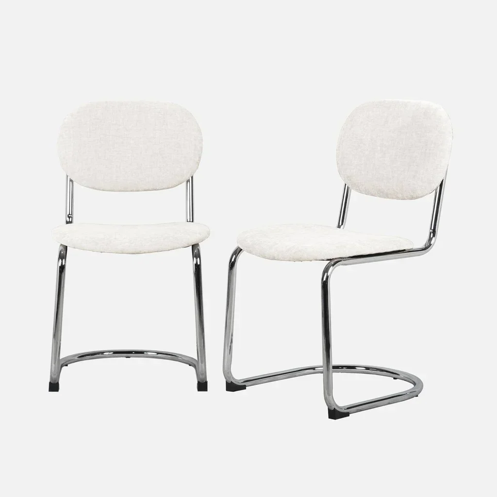 Chaises design cantilever métal chenille beige pieds chromés lot de 2