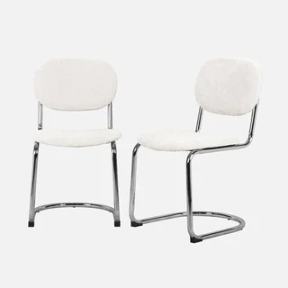 Chaises design cantilever métal chenille beige pieds chromés lot de 2