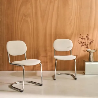 Chaises design cantilever métal chenille beige pieds chromés lot de 2