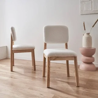 Set of 2 Hevea Wood Chairs with White Boucle Seat Cozy Scandinavian Dining