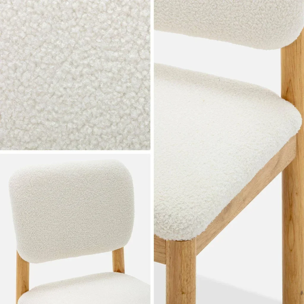 Set of 2 Hevea Wood Chairs with White Boucle Seat Cozy Scandinavian Dining