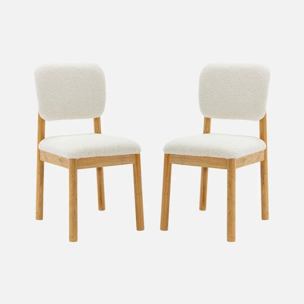 Set of 2 Hevea Wood Chairs with White Boucle Seat Cozy Scandinavian Dining
