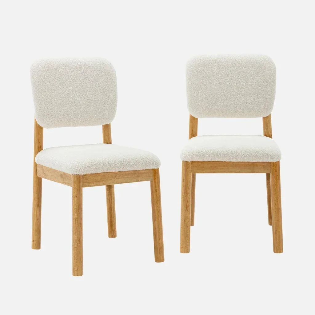 Set of 2 Hevea Wood Chairs with White Boucle Seat Cozy Scandinavian Dining