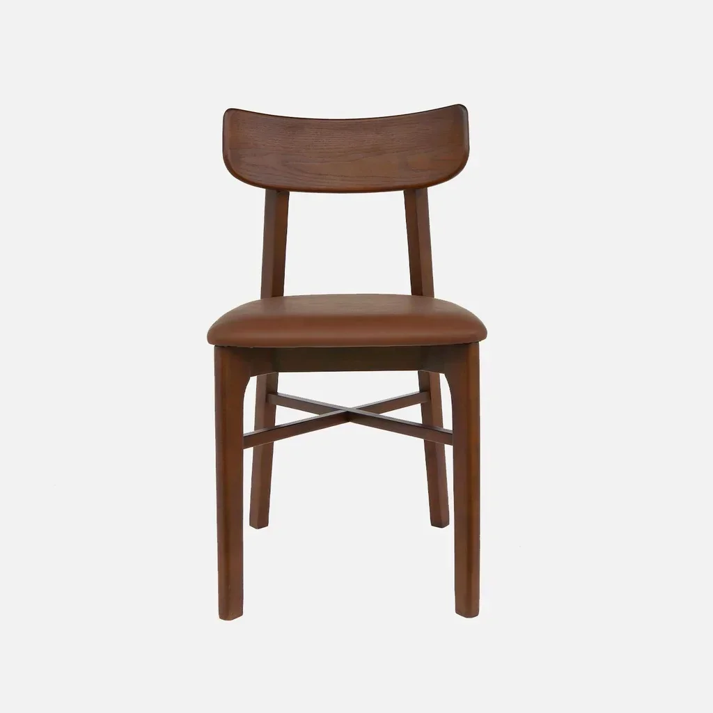 Set of 2 solid hevea wood chairs vintage brown faux leather dining chairs