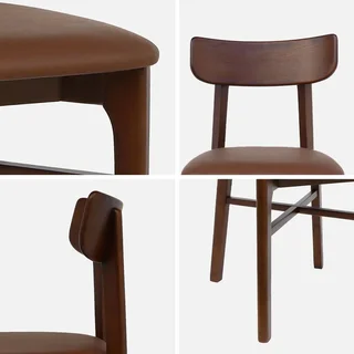 Set of 2 solid hevea wood chairs vintage brown faux leather dining chairs