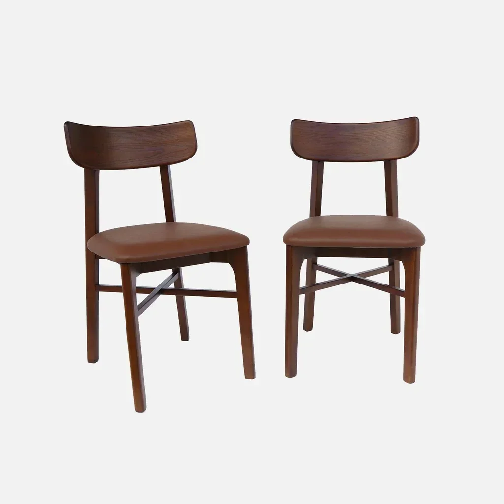 Set of 2 solid hevea wood chairs vintage brown faux leather dining chairs