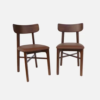 Set of 2 solid hevea wood chairs vintage brown faux leather dining chairs