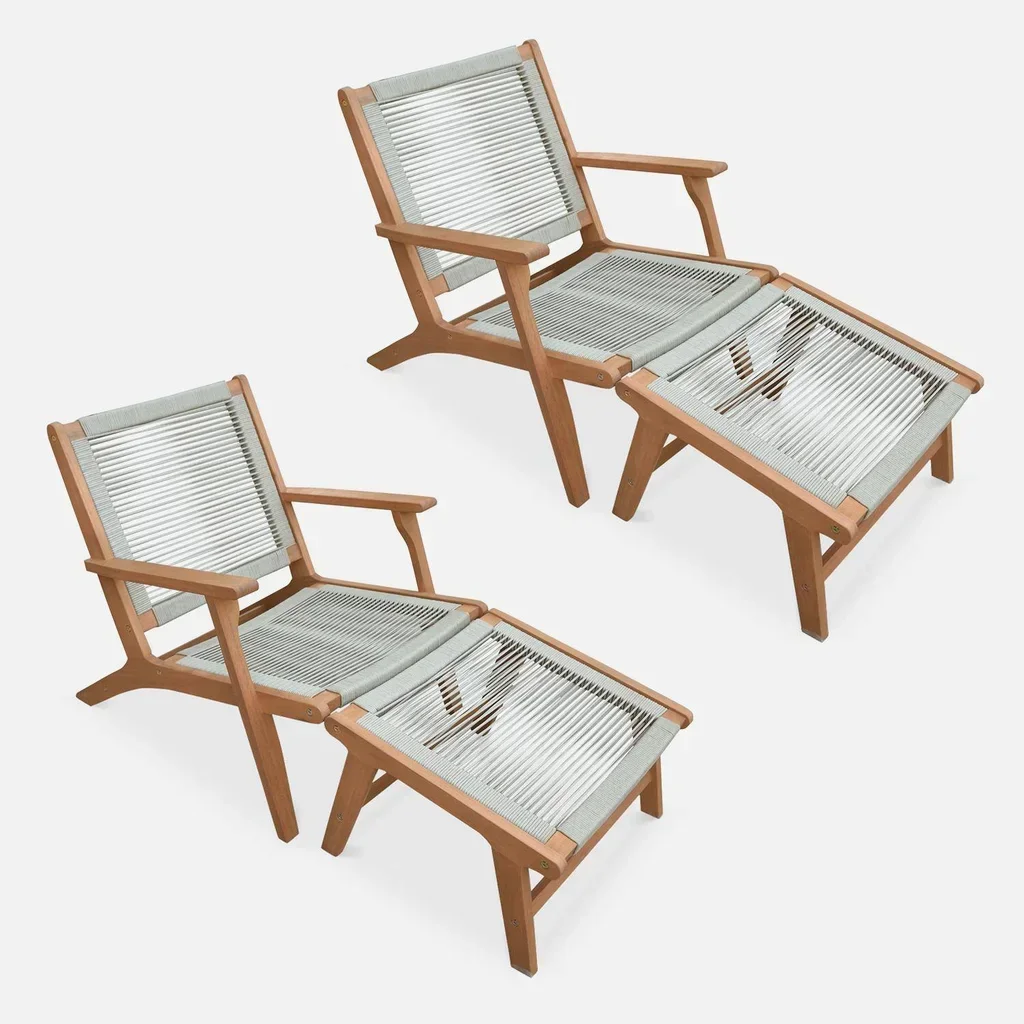 2 Cuzco lounge chairs eucalyptus wood rope with footrest garden set