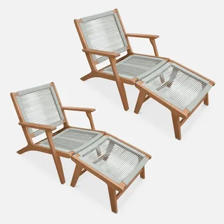 2 Cuzco lounge chairs eucalyptus wood rope with footrest garden set