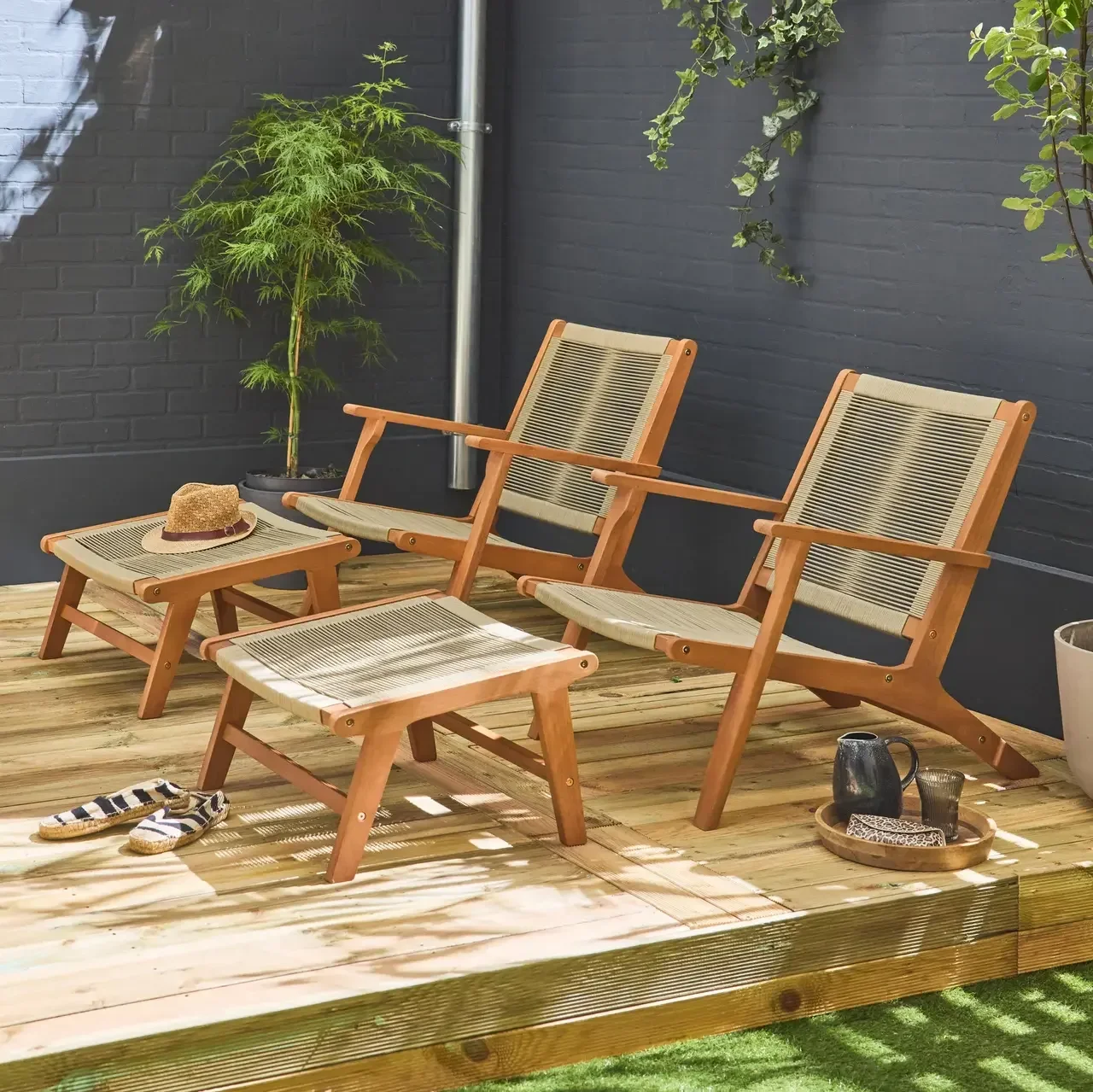 2 chaises lounge Cuzco bois eucalyptus cordes avec repose-pieds jardin