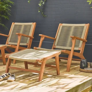 2 Cuzco lounge chairs eucalyptus wood rope with footrest garden set