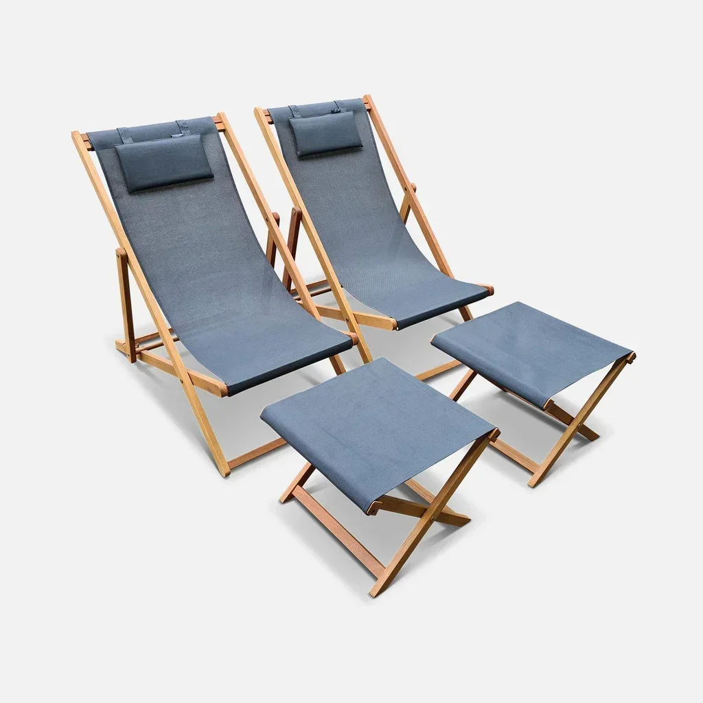 Lot 2 chaises longues bois eucalyptus repose-pieds multi-positions jardin