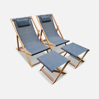 Lot 2 chaises longues bois eucalyptus repose-pieds multi-positions jardin
