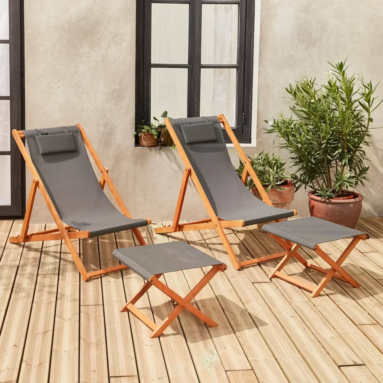 Lot 2 chaises longues bois eucalyptus repose-pieds multi-positions jardin