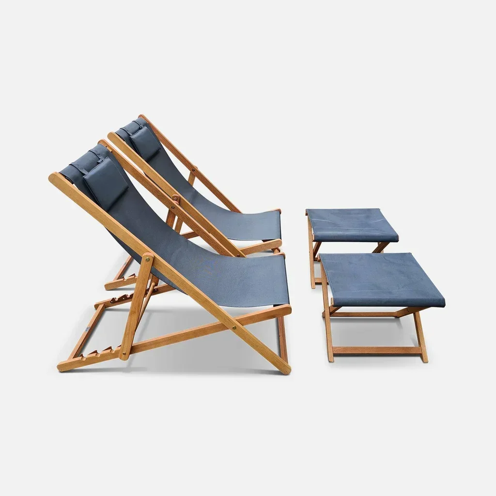 Lot 2 chaises longues bois eucalyptus repose-pieds multi-positions jardin