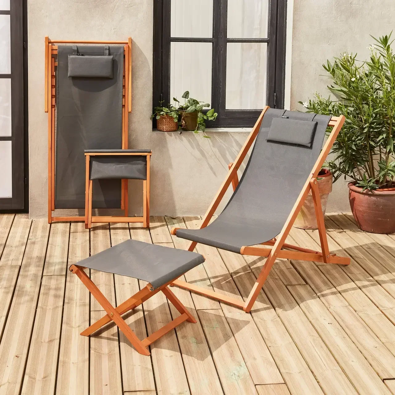 Lot 2 chaises longues bois eucalyptus repose-pieds multi-positions jardin